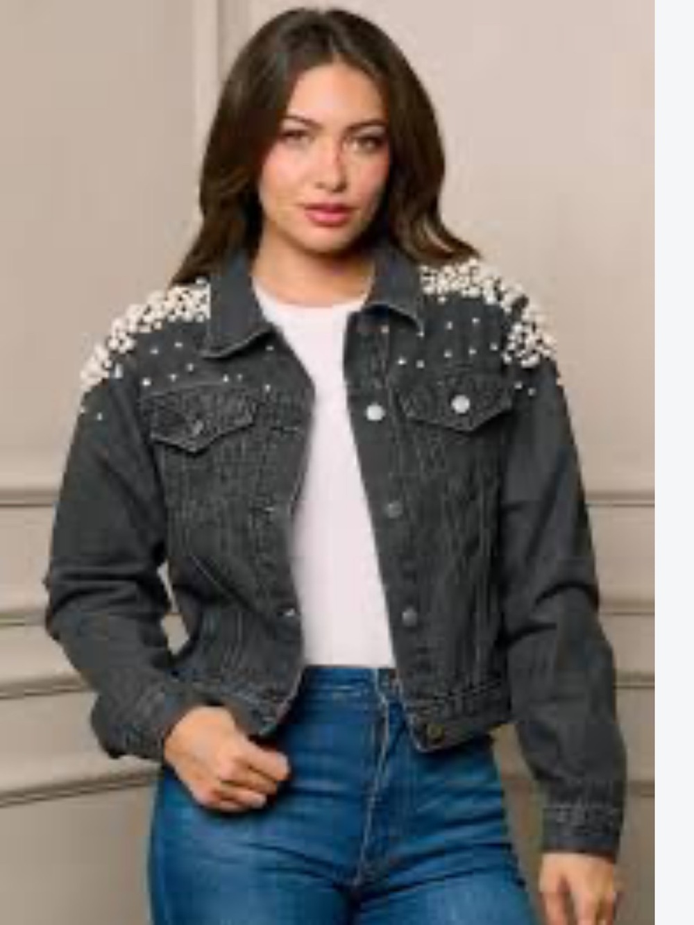 New: Blue Velvet Black Pearl Detail Button Front Denim Jacket• Small